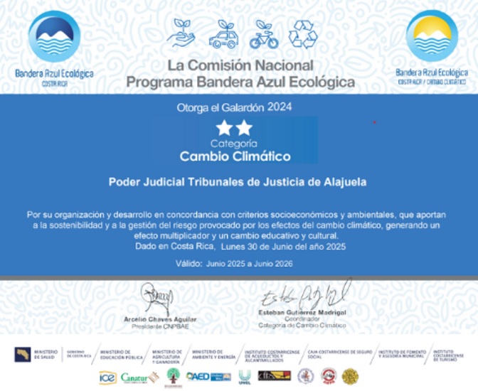Primer Circuito Judicial de Alajuela obtiene galardón de Bandera Azul Ecológica