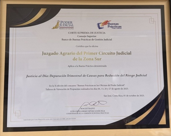 Juzgado Agrario de Pérez Zeledón resalta resultados de Buena Práctica “Justicia al Día: Depuración Trimestral de Causas para Reducción del Rezago Judicial”